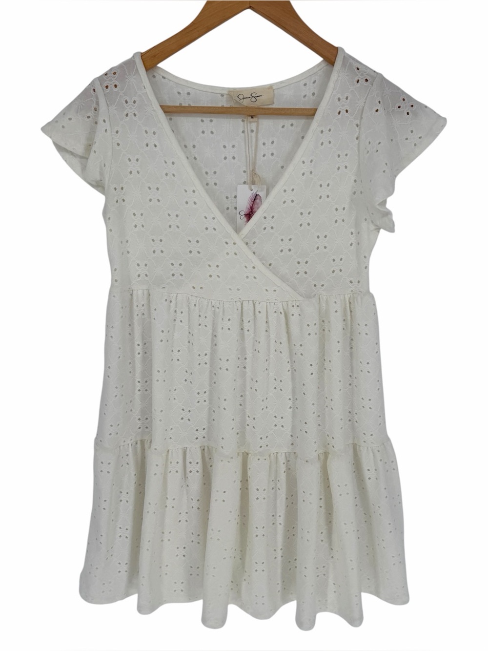 Jessica Simpson Eyelet Faux Wrap Flutter Sleeve Mini Dress White Womens - Size M